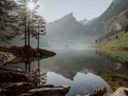 Seealpsee in appenzellerland in summer with reflection of the mountain backdrop in the lake