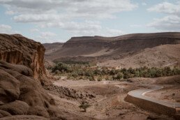 A winding road leading to the green oasis of Fint outside Ouarzazate