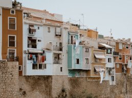 The exterior of the Spanish village of vila joyosa with its colorful house facades