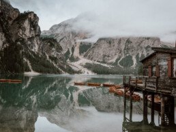 lago di braies in the dolomites on a cloudy morning