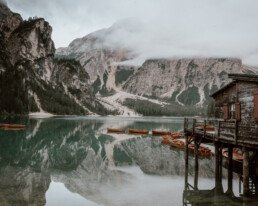lago di braies in the dolomites on a cloudy morning