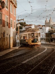 tram 28 in lisbon on a sunny morning