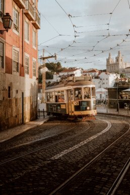 tram 28 in lisbon on a sunny morning